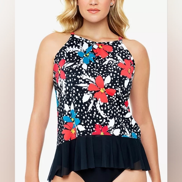 Swim Solutions Color Blocked High Neck Mesh Hem Tankini Top NWT